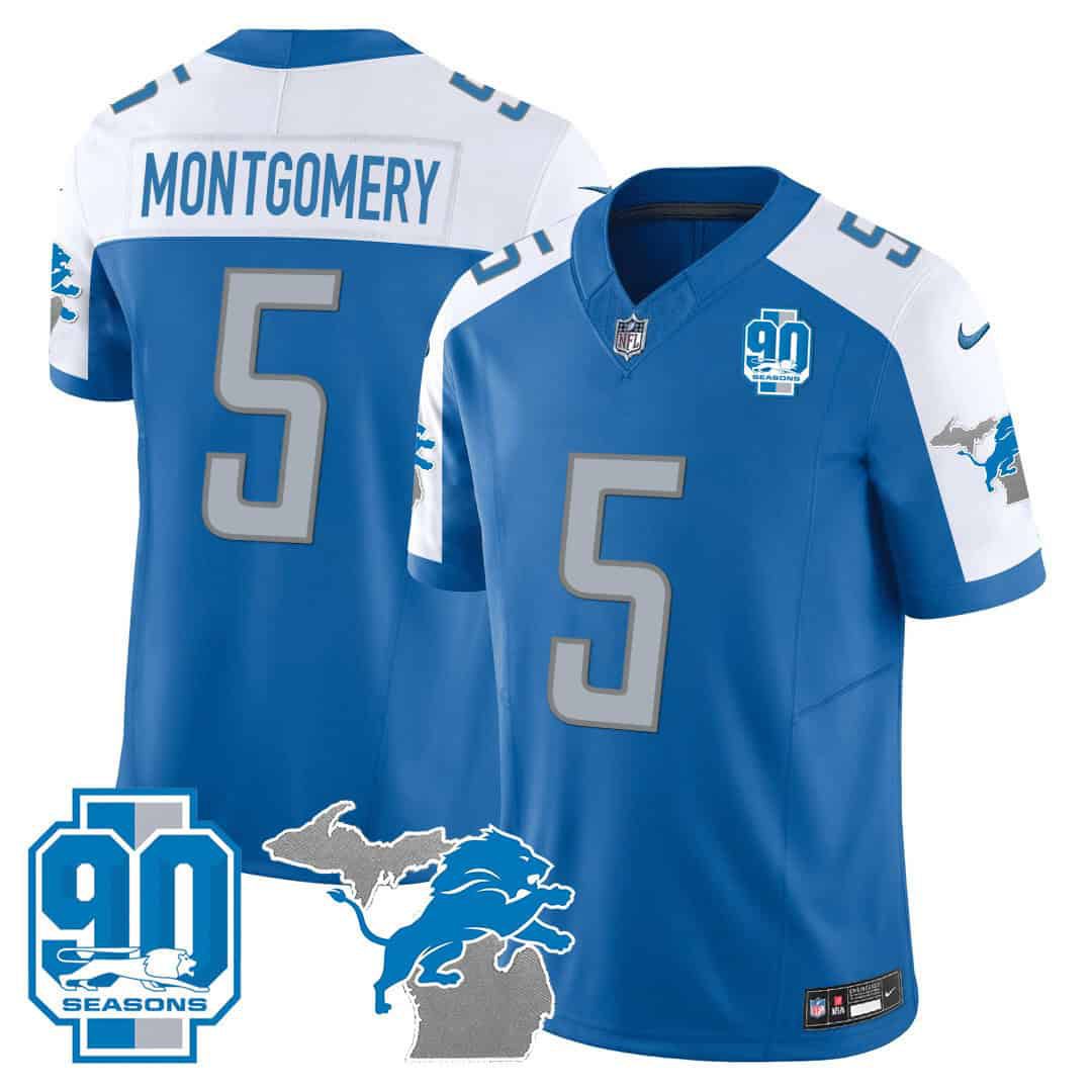 Men Detroit Lions #5 Montgomery Blue 2024 Nike 90th Year Michigan Patch Vapor NFL Jersey
